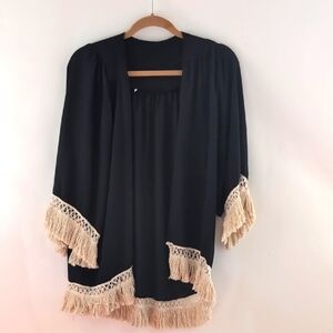 Elegant Black Fringe Kimono Up to Size Large